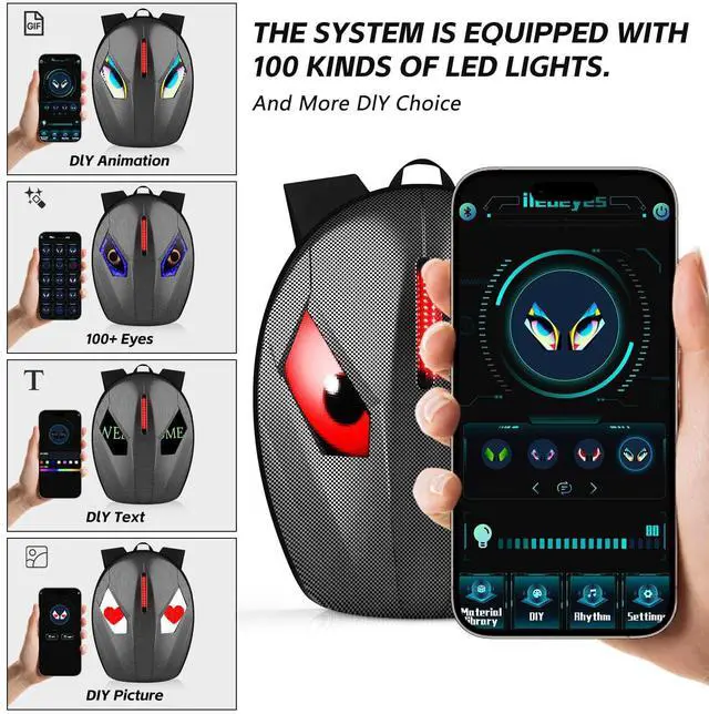 Alt view image 2 of 5 - Motorcycle Backpack for Men, LED Backpack With DIY Programmable Full Color Screen, Hard Shell Large Capacity Waterproof Helmet Bag Laptop Backpack