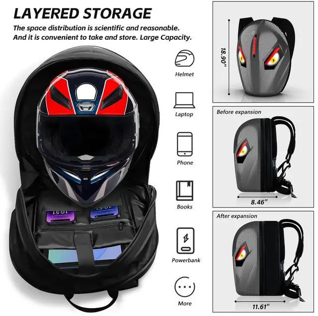 Alt view image 3 of 5 - Motorcycle Backpack for Men, LED Backpack With DIY Programmable Full Color Screen, Hard Shell Large Capacity Waterproof Helmet Bag Laptop Backpack