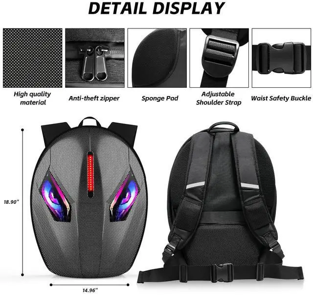 Alt view image 4 of 5 - Motorcycle Backpack for Men, LED Backpack With DIY Programmable Full Color Screen, Hard Shell Large Capacity Waterproof Helmet Bag Laptop Backpack