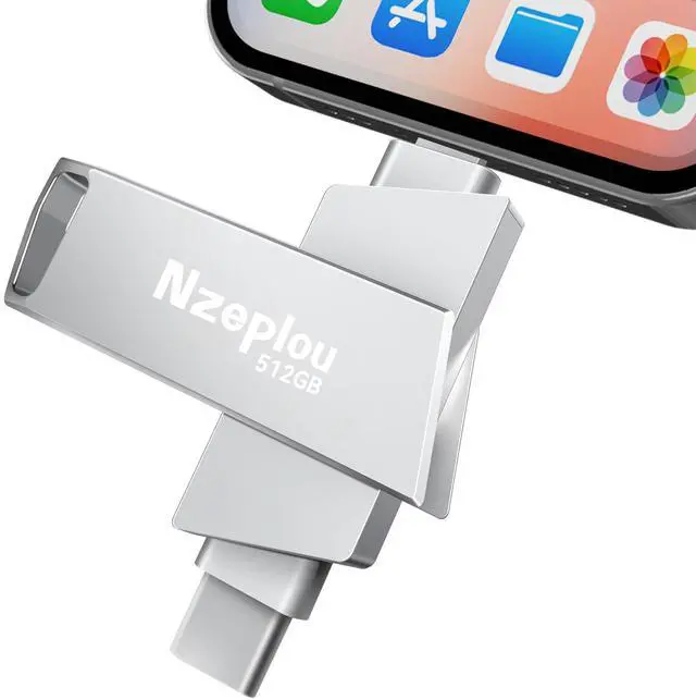 Main image of 512GB Flash Drive for iPhone iPad, USB3.0 High-Speed Memory Stick No App Needed, Lightening & USB-C External Memory Storage for Photos Videos, Picture Backup Thumb Drive Plug & Play (Silver)