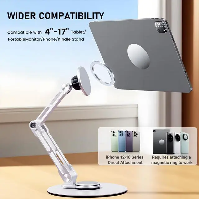 Alt view image 4 of 5 - Msounehna Magnetic iPad Stand for Desk, Foldable Aluminum Alloy Tablet Holder with 360° Adjustable Base | Ergonomic Portable Design for Home Office & Conference Rooms