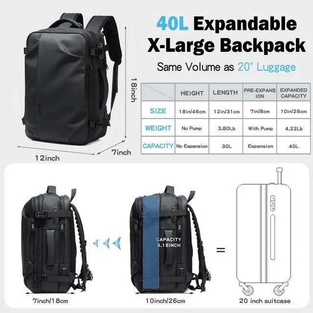Alt view image 3 of 5 - Cusangel vacuum compression backpack travel with Portable Electric Vac Pump,Vacpack,Pocket Air Pump, 45L Expandable 60L Airback (with Vacuum pump)