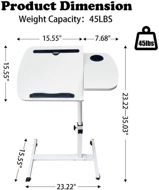 Alt view image 2 of 5 - onaner Mobile Laptop Stand for Couch,Portable Medical Hospital Bed Table On Wheels,Adjustable Overbed Table for Hospital and Home Use,White