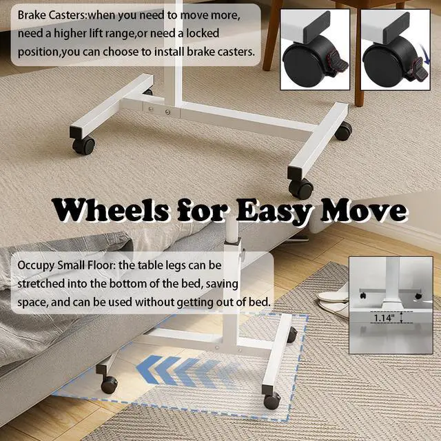 Alt view image 3 of 5 - onaner Mobile Laptop Stand for Couch,Portable Medical Hospital Bed Table On Wheels,Adjustable Overbed Table for Hospital and Home Use,White