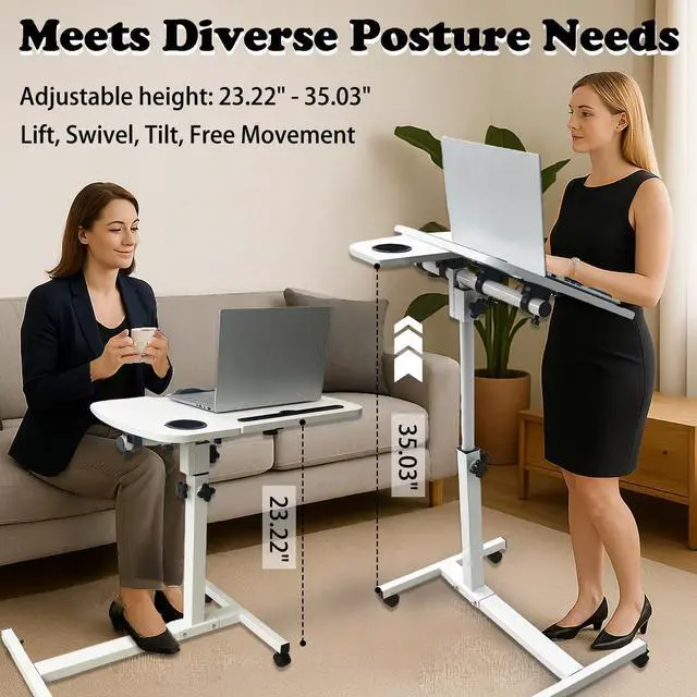 Alt view image 4 of 5 - onaner Mobile Laptop Stand for Couch,Portable Medical Hospital Bed Table On Wheels,Adjustable Overbed Table for Hospital and Home Use,White