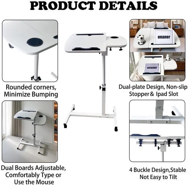 Alt view image 5 of 5 - onaner Mobile Laptop Stand for Couch,Portable Medical Hospital Bed Table On Wheels,Adjustable Overbed Table for Hospital and Home Use,White