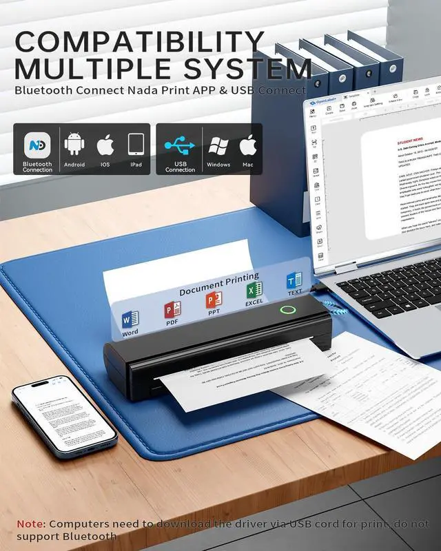 Alt view image 2 of 5 - Portable Printers Wireless for Travel, N80 Wireless Thermal Printer Bluetooth Inkless Printer Support 8.5" X 11" US Letter & A4 Size, Compatible with iOS, Android, Laptop for Office, Home, Car, Black