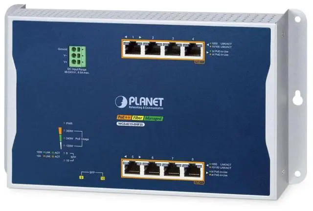 Main image of Planet WGS-4215-8HP2S Flat Wall Mount L2 Managed 8-Port 802.3bt PoE++ Switch, 95W per Port, 360W Total PoE Budget, VLAN, QoS, ERPS Ring, MQTT, Industrial Design for Compact Harsh Environment
