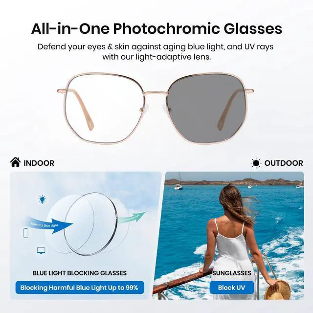Alt view image 3 of 5 - Cyxus Photochromic Blue Light Glasses for Men Women Computer Glasses UV Protection Glasses 8261 (Rose Gold White Lens)