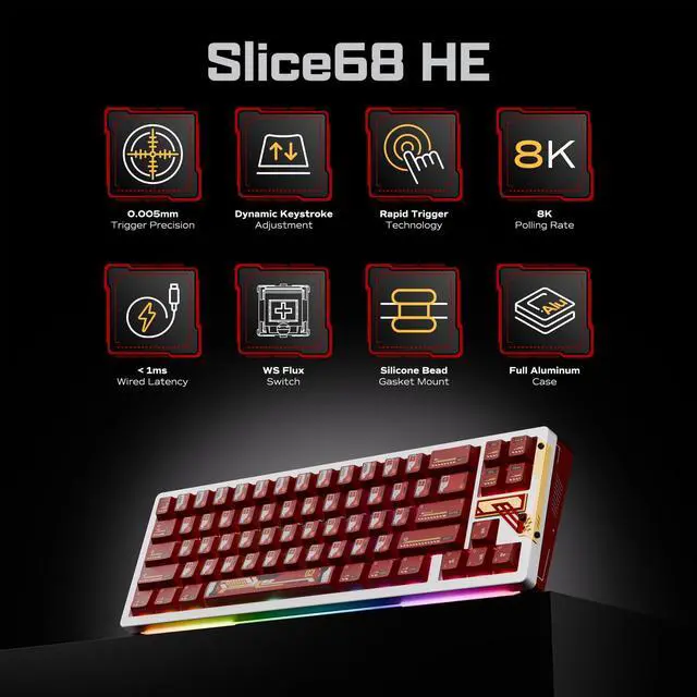 Alt view image 2 of 5 - OOCTPK Chilkey Slice68 HE Gaming Keyboard: Hall Effect Aluminum Keyboard with Flux Switch, Rapid Trigger, 8K Polling, Per-Key RGB Gaming Magnetic Switch Key Board for Gaming (Red)