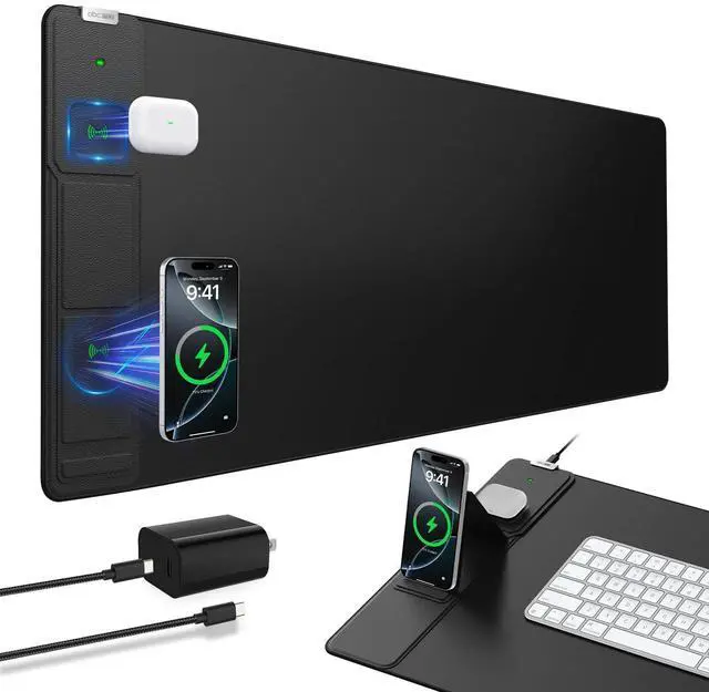 Main image of Wireless Charging Mouse Pad with Foldable Phone Holder, 31.5"x15.8" Extended Desk Mat for Laptop/Keyboard, Waterproof Ultra-Smooth Surface, Non-Slip Base & 20W PD Adapter, Black