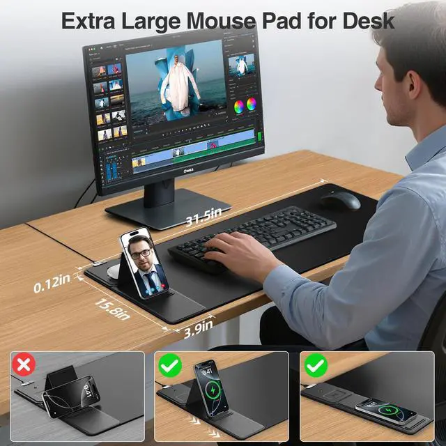 Alt view image 3 of 5 - Wireless Charging Mouse Pad with Foldable Phone Holder, 31.5"x15.8" Extended Desk Mat for Laptop/Keyboard, Waterproof Ultra-Smooth Surface, Non-Slip Base & 20W PD Adapter, Black