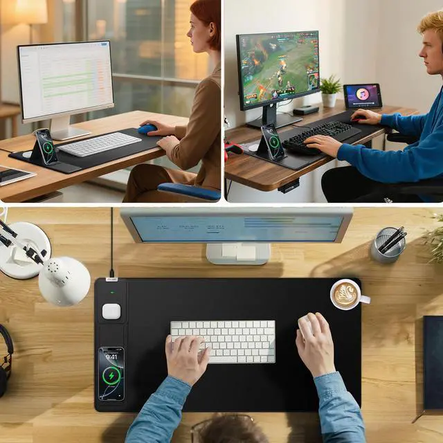 Alt view image 4 of 5 - Wireless Charging Mouse Pad with Foldable Phone Holder, 31.5"x15.8" Extended Desk Mat for Laptop/Keyboard, Waterproof Ultra-Smooth Surface, Non-Slip Base & 20W PD Adapter, Black