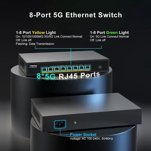 Alt view image 2 of 5 - 8 Ports 5Gb Unmanaged Ethernet Switch with 8*5G Base-T Ports. GiGaPlus 5Gbps Network Switch for 5Gbe NAS/PC, 5Gbps Adapter/NIC, WiFi7 Router, Desktop/19-inch Rack Mount