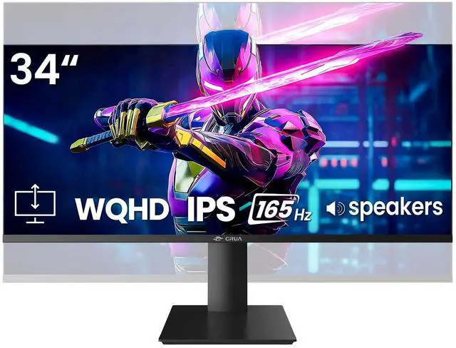 Main image of CRUA 34" Gaming Monitor, IPS WQHD(3440×1440P) 144Hz/165Hz Computer Monitor, 21:9 UltraWide Screen, 380cd/m², 120% sRGB, Support AMD FreeSync, Height Adjustable and with Speakers, Wall Mountable-Black