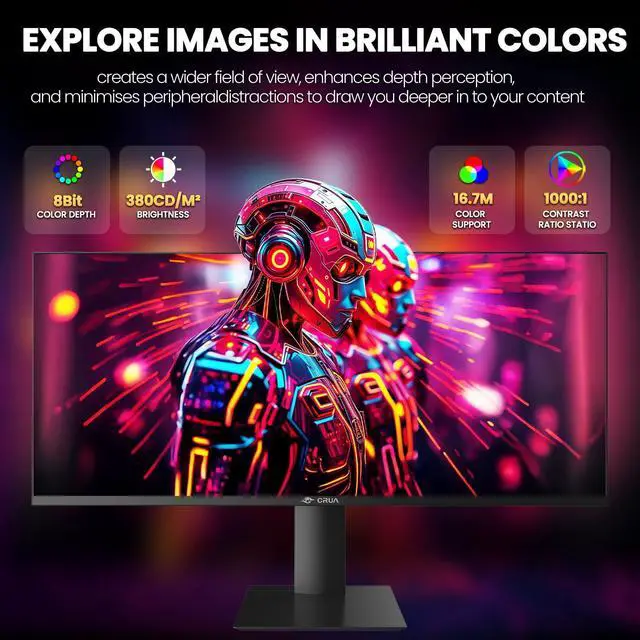 Alt view image 4 of 5 - CRUA 34" Gaming Monitor, IPS WQHD(3440×1440P) 144Hz/165Hz Computer Monitor, 21:9 UltraWide Screen, 380cd/m², 120% sRGB, Support AMD FreeSync, Height Adjustable and with Speakers, Wall Mountable-Black