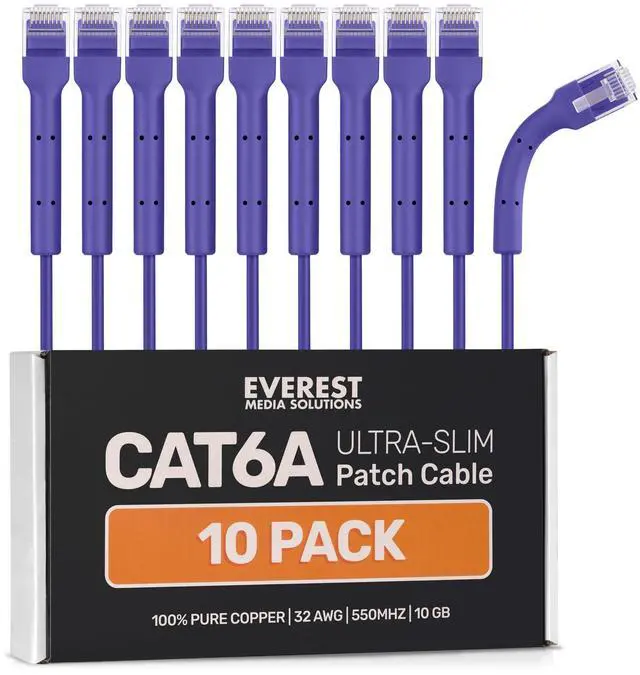 Main image of Everest Ultra Slim Cat6a Ethernet Patch Cables 3ft (10-Pack) Purple - 10GB Cat 6a Patch Cable - Bendable, Flexible & Thin Ethernet Cable - Space Saving 32AWG 550MHZ Cat6a Cables - 100% Copper Wires