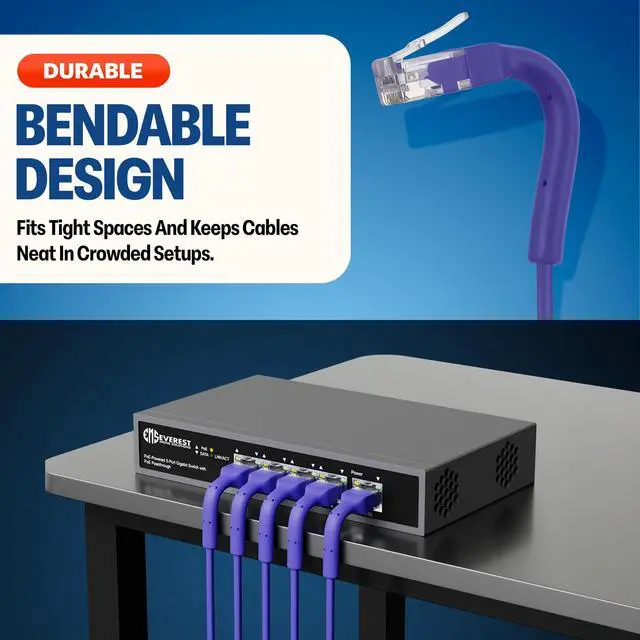 Alt view image 2 of 5 - Everest Ultra Slim Cat6a Ethernet Patch Cables 3ft (10-Pack) Purple - 10GB Cat 6a Patch Cable - Bendable, Flexible & Thin Ethernet Cable - Space Saving 32AWG 550MHZ Cat6a Cables - 100% Copper Wires