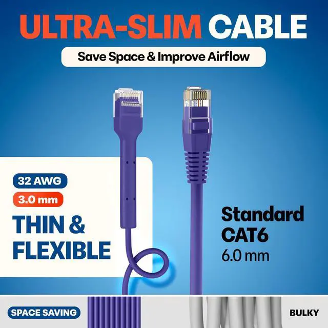 Alt view image 4 of 5 - Everest Ultra Slim Cat6a Ethernet Patch Cables 3ft (10-Pack) Purple - 10GB Cat 6a Patch Cable - Bendable, Flexible & Thin Ethernet Cable - Space Saving 32AWG 550MHZ Cat6a Cables - 100% Copper Wires
