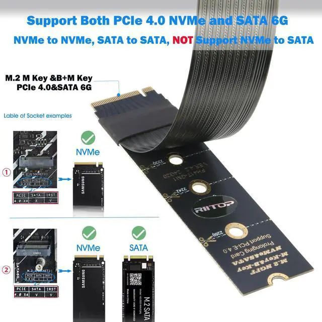 Alt view image 2 of 5 - RIITOP M.2 NVMe Extension Cable, NVMe Extender for Both M Key and B+M Key SSD in Size 2280/2260/2242/2230 Support PCIe 4.0 and SATA 6Gbps(1FT)