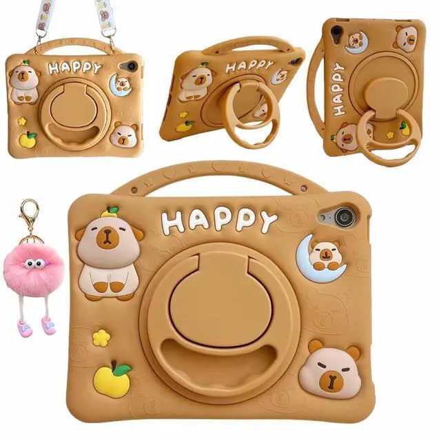 Main image of 3D Cute Press Capybara Case for iPad 10th Generation (2022) 10.9 inch/iPad (A16) 11th 2025 11,Kawaii Cartoon Character Capybara Soft Silicone Rotating Stand Case with Lanyard for Kids Girls Women