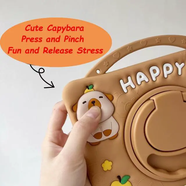 Alt view image 2 of 5 - 3D Cute Press Capybara Case for iPad 10th Generation (2022) 10.9 inch/iPad (A16) 11th 2025 11,Kawaii Cartoon Character Capybara Soft Silicone Rotating Stand Case with Lanyard for Kids Girls Women
