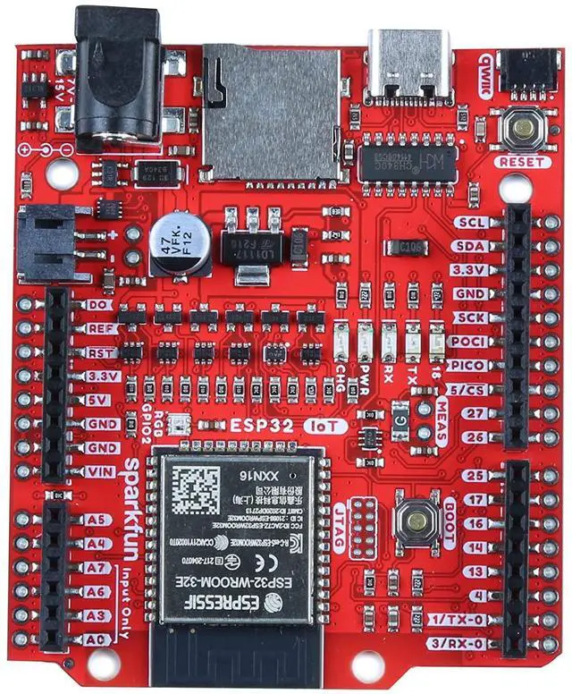 Main image of SparkFun IoT RedBoard - ESP32 Development Board -ESP32 WROOM MCU Module USB-C Connector Qwiic Connector MicroSD Card -ESP32 Dimensions: 2.3in x 2.7in x 1.08in