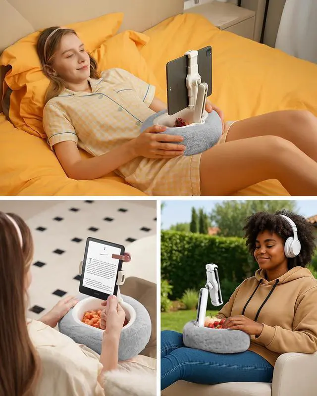 Alt view image 2 of 5 - Viozon Tablet Pillow Stand,Kindle Pillow Stand, Compatible with 4-11" Tablet/Phone with Small Bowl, Kindle Holder Accessories,Idea for Reading and Video Watching On Bed,Grey