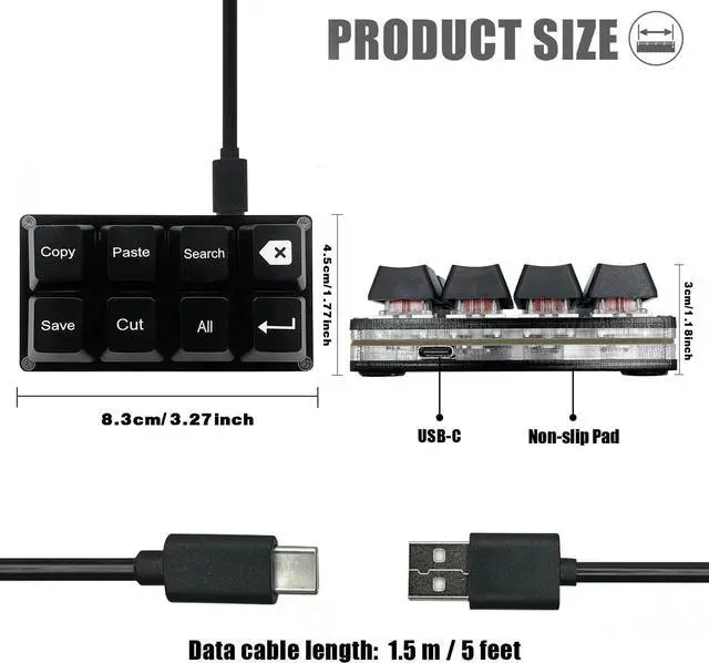 Alt view image 2 of 5 - BTXETUEL Copy Paste Search Backspace Save Cut All Enter 8-Key Keyboard SayoDevice One Handed OSU Keypad Programmable Mechanical Shortcut Macro Keyboard for Working and Gaming (Black)