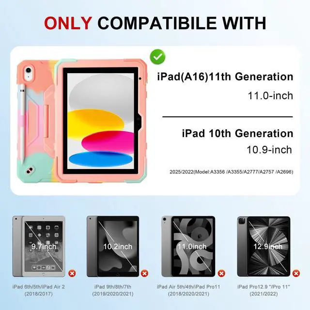 Alt view image 2 of 5 - Case for iPad 11th (A16) 11" 2025, iPad 10th Generation 10.9" 2022,Military Grade Shockproof iPad Case Built-in 360° Rotating Stand/Pen Slot/Shoulder Strap, for iPad 11th Gen/10th Gen (Color Pink)