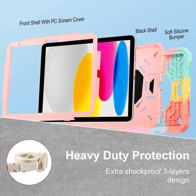 Alt view image 4 of 5 - Case for iPad 11th (A16) 11" 2025, iPad 10th Generation 10.9" 2022,Military Grade Shockproof iPad Case Built-in 360° Rotating Stand/Pen Slot/Shoulder Strap, for iPad 11th Gen/10th Gen (Color Pink)