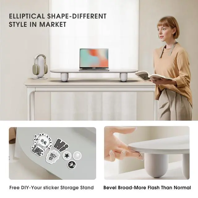 Alt view image 4 of 5 - Fenge Monitor Riser, 34 Inch Dual Monitor Stand for Large Monitors, Desk Organizer with Wooden Shelf & Solid Wood Legs, Computer Stand for Laptop, TV, PC, Printer, White