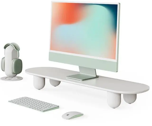 Main image of Fenge Monitor Riser, 34 Inch Dual Monitor Stand for Large Monitors, Desk Organizer with Wooden Shelf & Solid Wood Legs, Computer Stand for Laptop, TV, PC, Printer, White