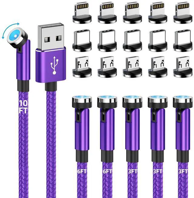 Main image of Magnetic Charging Cable 540° Rotating Magnetic Phone Charger [6-Pack, 3ft/3ft/3ft/6ft/6ft/10ft] 3 in 1 Magnetic Charger Cable Nylon Braided Magnetic USB Cable for i-P/Micro USB/Type C Device-Purple
