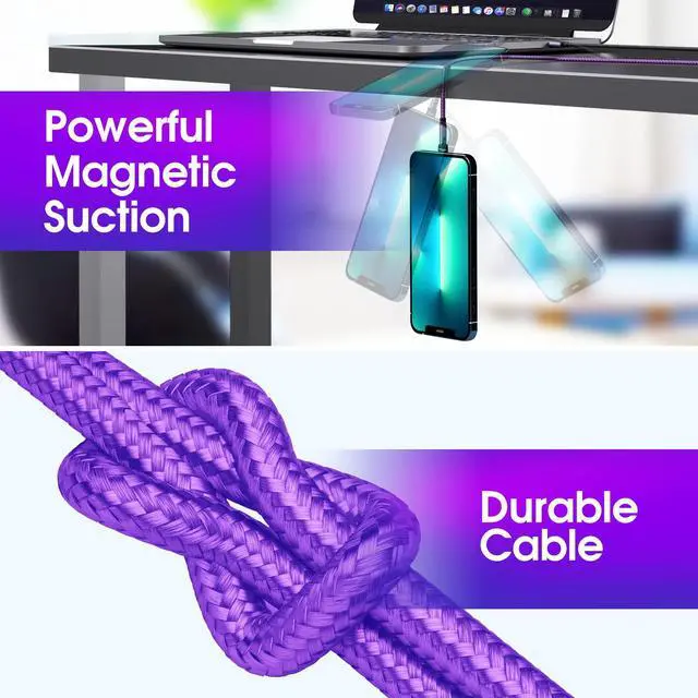 Alt view image 5 of 5 - Magnetic Charging Cable 540° Rotating Magnetic Phone Charger [6-Pack, 3ft/3ft/3ft/6ft/6ft/10ft] 3 in 1 Magnetic Charger Cable Nylon Braided Magnetic USB Cable for i-P/Micro USB/Type C Device-Purple