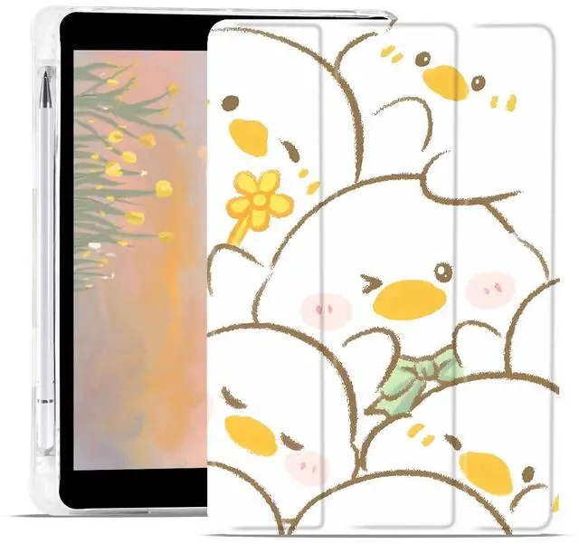 Main image of JOYLAND Cute Duck Case for iPad (A16) 11th Generation 2025 11"/iPad 10th Generation 2022 10.9" with Pencil Holder Kawaii Printed Cartoon Leather Clear TPU Back Trifold Stand Cover, Auto Wake/Sleep