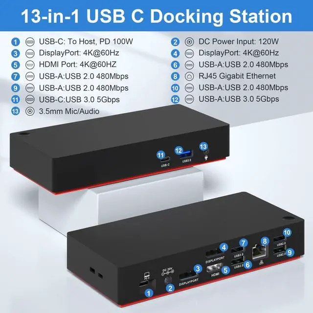 Alt view image 2 of 5 - USB C Triple Display Docking Station with Laptop Charging, for Thunderbolt, USB4, or USB-C Systems, Compatible with Windows, macOS laptops (2X DisplayPort, 1X HDMI, 7X USB Ports, 100W PD, RJ45, 3.5mm)