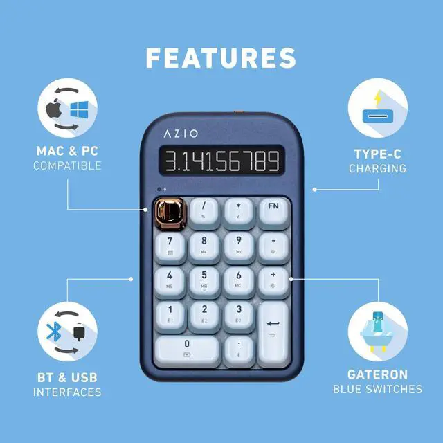 Alt view image 5 of 5 - AZIO IZO Wireless Mechanical Calculator & Number Pad - Bluetooth 5.0 & USB, Gateron-Blue Mechanical Switch, 9 Backlight Modes, Rechargeable, PC & Mac Compatible, Blue Iris (IN105)