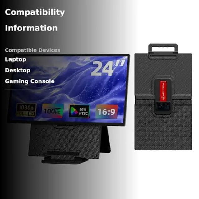 Alt view image 4 of 5 - Large Portable Monitor 24 inch - 1080P FHD 100Hz Travel Monitor, 125% sRGB IPS Laptop Screen Extender, VESA Compatible, Height Adjustable Detachable Stand with USB-C HDMI for Work Gaming Office Home