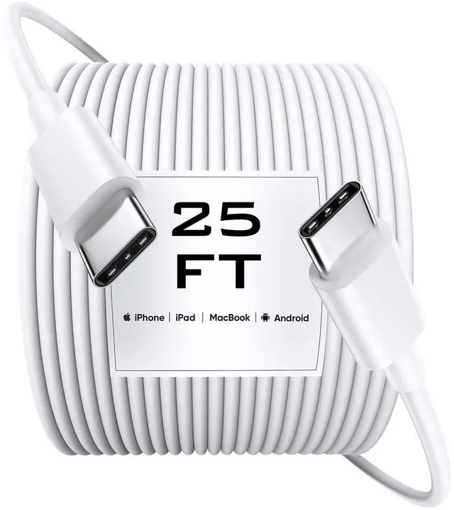 Main image of INPPYTON USB C to USB C Cable 25FT [60W Fast Charging, Extra Long Type C Cable] (No Data Transfer) for iPhone 16/15, Galaxy, Pixel, Switch, Camera & More - White