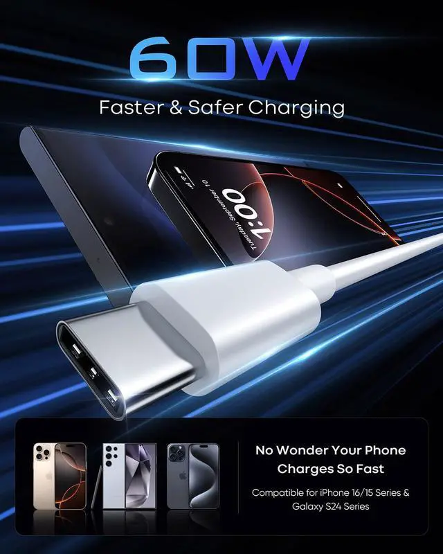 Alt view image 2 of 5 - INPPYTON USB C to USB C Cable 25FT [60W Fast Charging, Extra Long Type C Cable] (No Data Transfer) for iPhone 16/15, Galaxy, Pixel, Switch, Camera & More - White