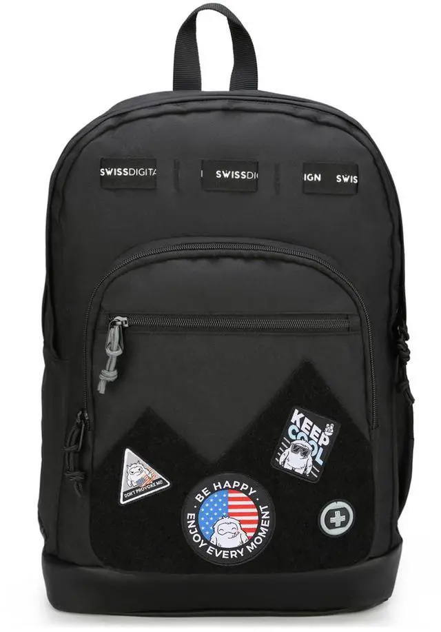Main image of Swissdigital Design Cool Backpack, Stylish School Laptop Backpack with Fun Personalized Patches Fits 16 Inch Notebook, Travel Casual Bag Pefect for Boys & Girls, Black | BERIKON - Includes 3 Patches