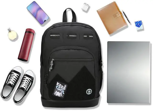 Alt view image 3 of 5 - Swissdigital Design Cool Backpack, Stylish School Laptop Backpack with Fun Personalized Patches Fits 16 Inch Notebook, Travel Casual Bag Pefect for Boys & Girls, Black | BERIKON - Includes 3 Patches