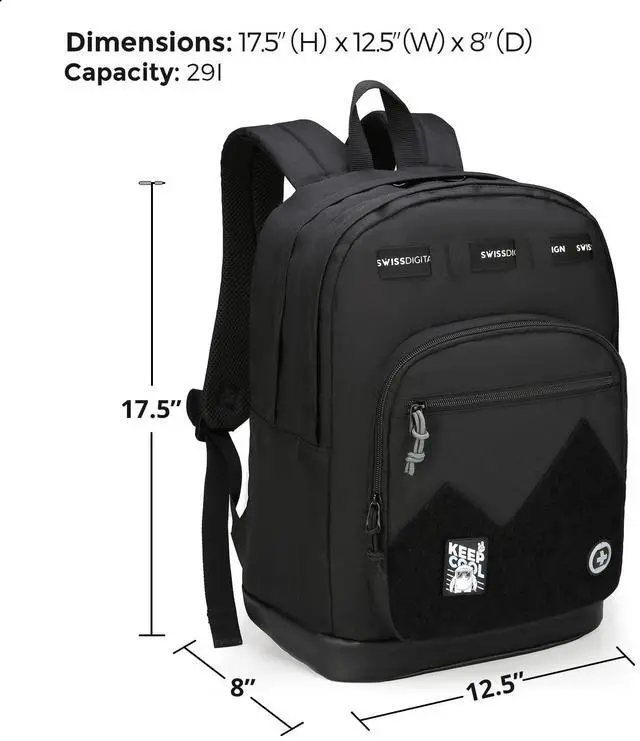 Alt view image 4 of 5 - Swissdigital Design Cool Backpack, Stylish School Laptop Backpack with Fun Personalized Patches Fits 16 Inch Notebook, Travel Casual Bag Pefect for Boys & Girls, Black | BERIKON - Includes 3 Patches