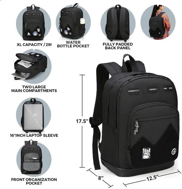 Alt view image 5 of 5 - Swissdigital Design Cool Backpack, Stylish School Laptop Backpack with Fun Personalized Patches Fits 16 Inch Notebook, Travel Casual Bag Pefect for Boys & Girls, Black | BERIKON - Includes 3 Patches