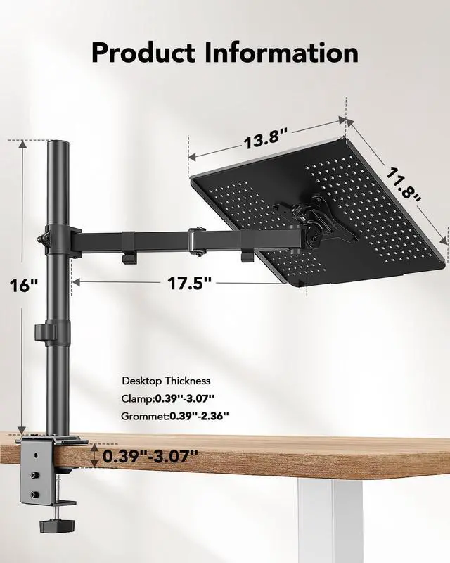 Alt view image 2 of 5 - HUANUO Laptop Desk Mount - 17' to 32' Monitor Arm, Ventilated Tray, Fully Adjustable with Tilt, Swivel & Rotation, Holds up to 22 lbs