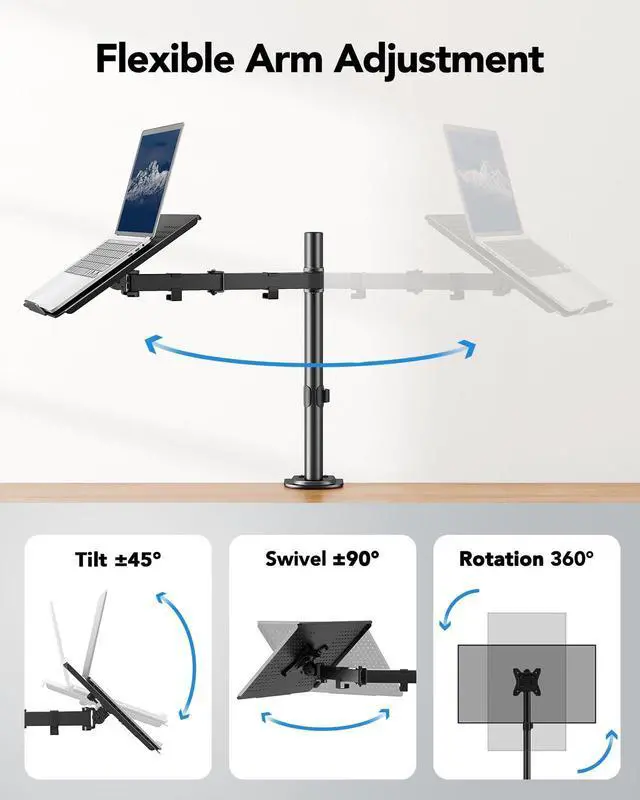 Alt view image 4 of 5 - HUANUO Laptop Desk Mount - 17' to 32' Monitor Arm, Ventilated Tray, Fully Adjustable with Tilt, Swivel & Rotation, Holds up to 22 lbs