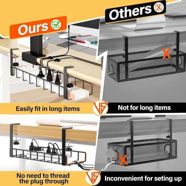 Alt view image 2 of 5 - 3 Pack Cable Management Under Desk Tray, 47.1" No Drill Under Desk Wire Management with Upgraded Clamp, Metal Cord Organizers with Cable Organizers, PC Cord Organization Rack, Black