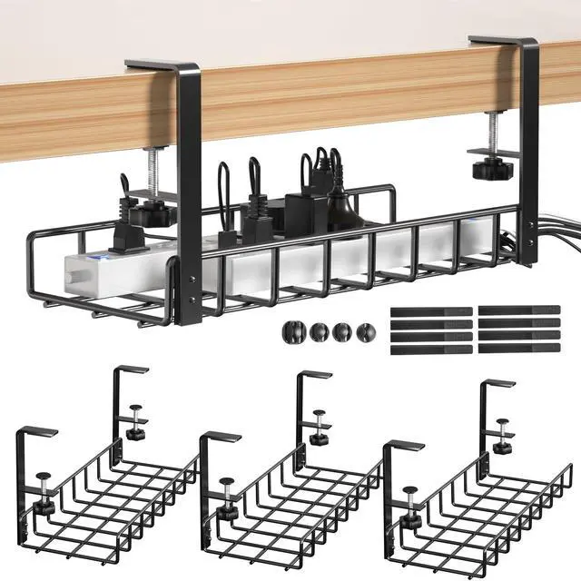 Main image of 3 Pack Cable Management Under Desk Tray, 47.1" No Drill Under Desk Wire Management with Upgraded Clamp, Metal Cord Organizers with Cable Organizers, PC Cord Organization Rack, Black