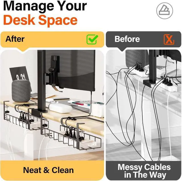 Alt view image 3 of 5 - 3 Pack Cable Management Under Desk Tray, 47.1" No Drill Under Desk Wire Management with Upgraded Clamp, Metal Cord Organizers with Cable Organizers, PC Cord Organization Rack, Black